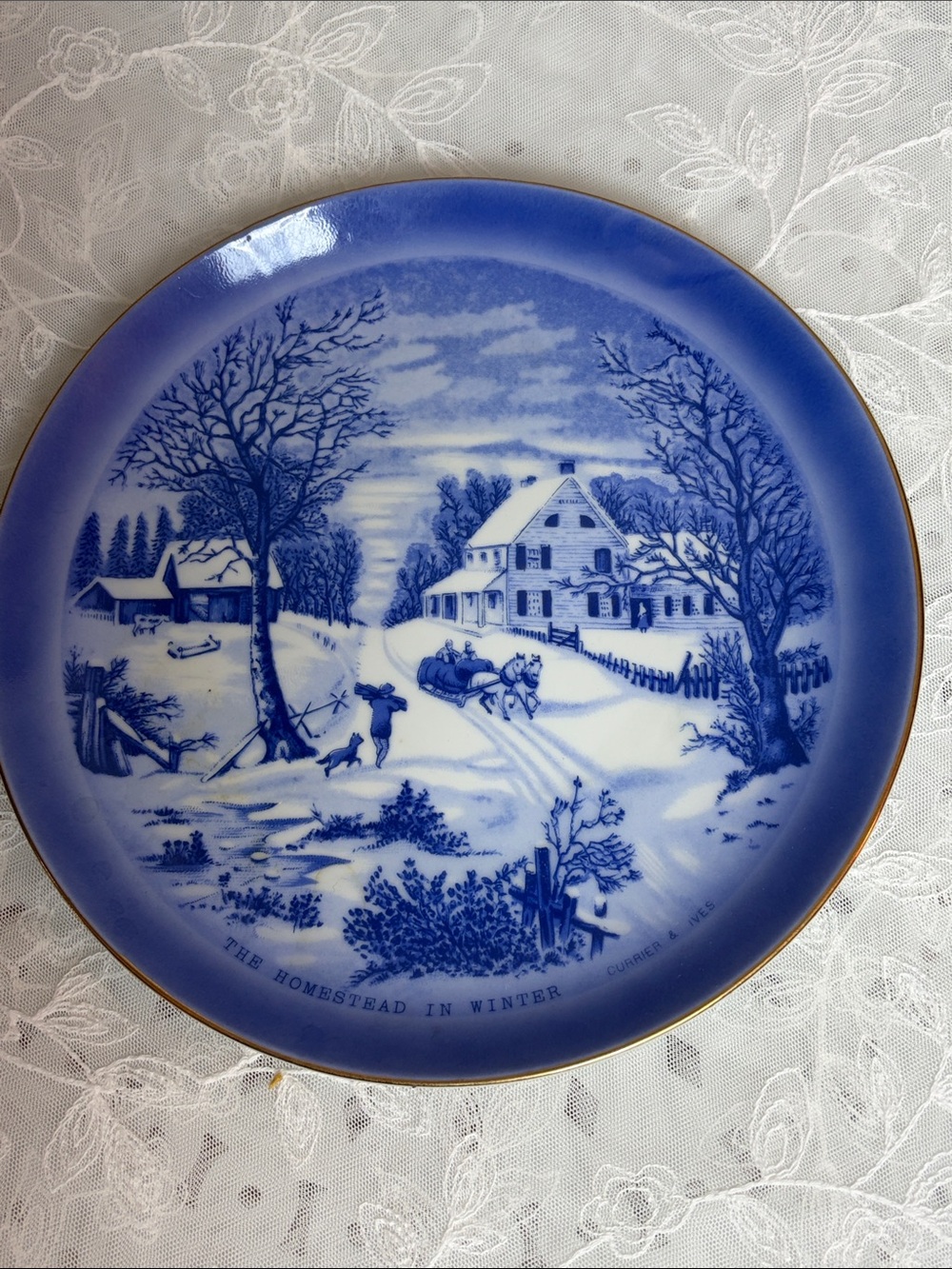 Vintage 70s Currier & Ives pBlue Winter Homestead Decorative Plate with Gold